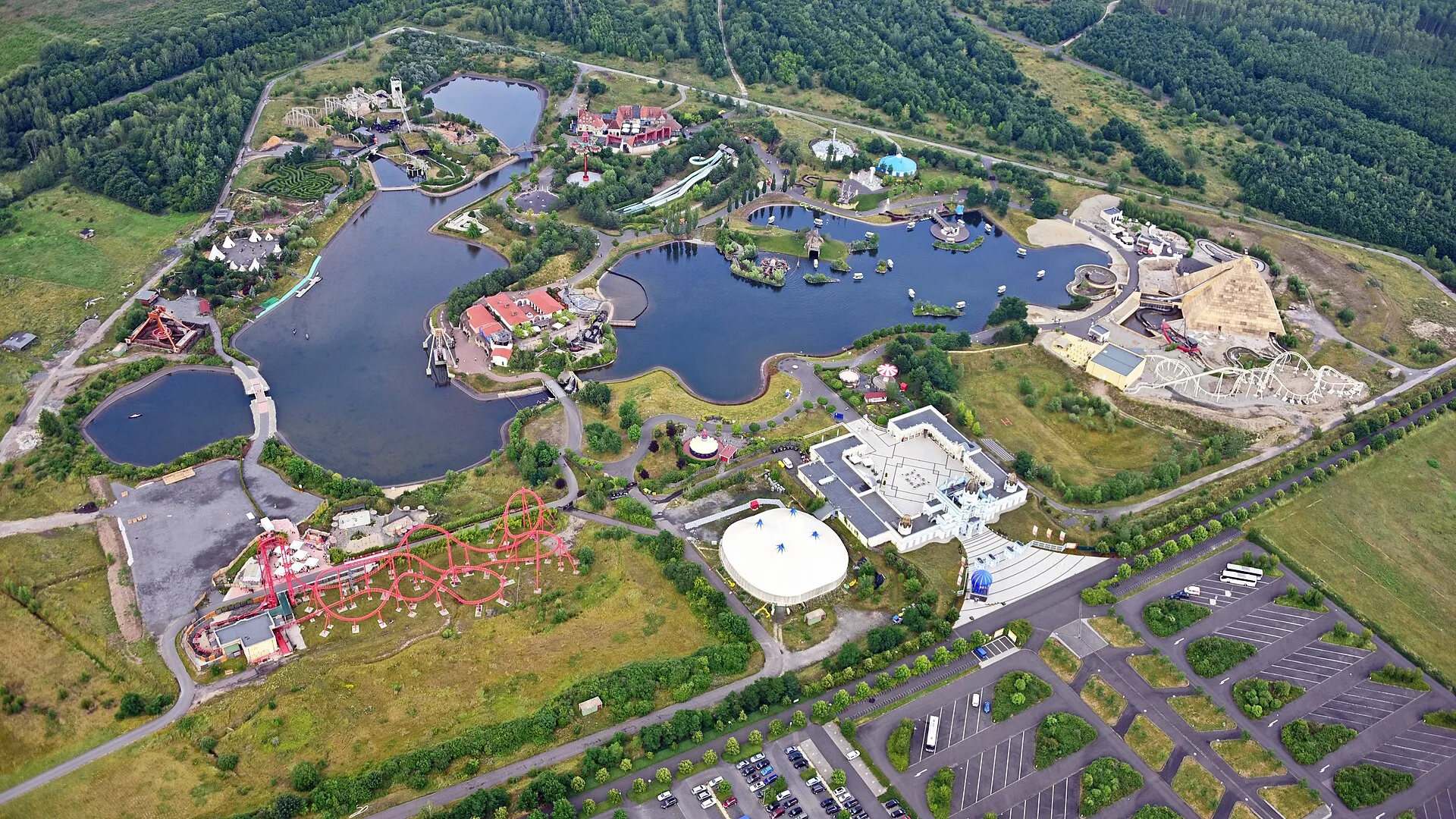 Aerial view of BELANTIS theme park near Leipzig with its castle, pyramid and lake