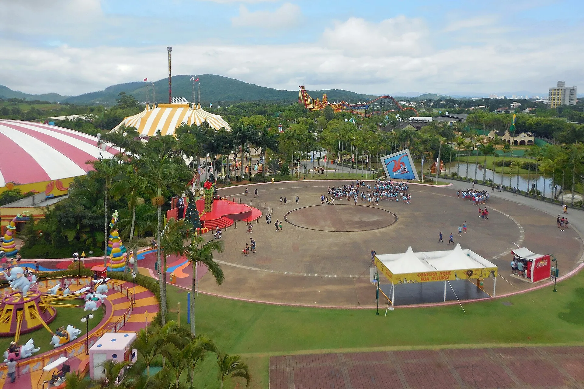 Aerial view over Beto Carrero World's entrance plaza and big top, Penha, Santa Catarina