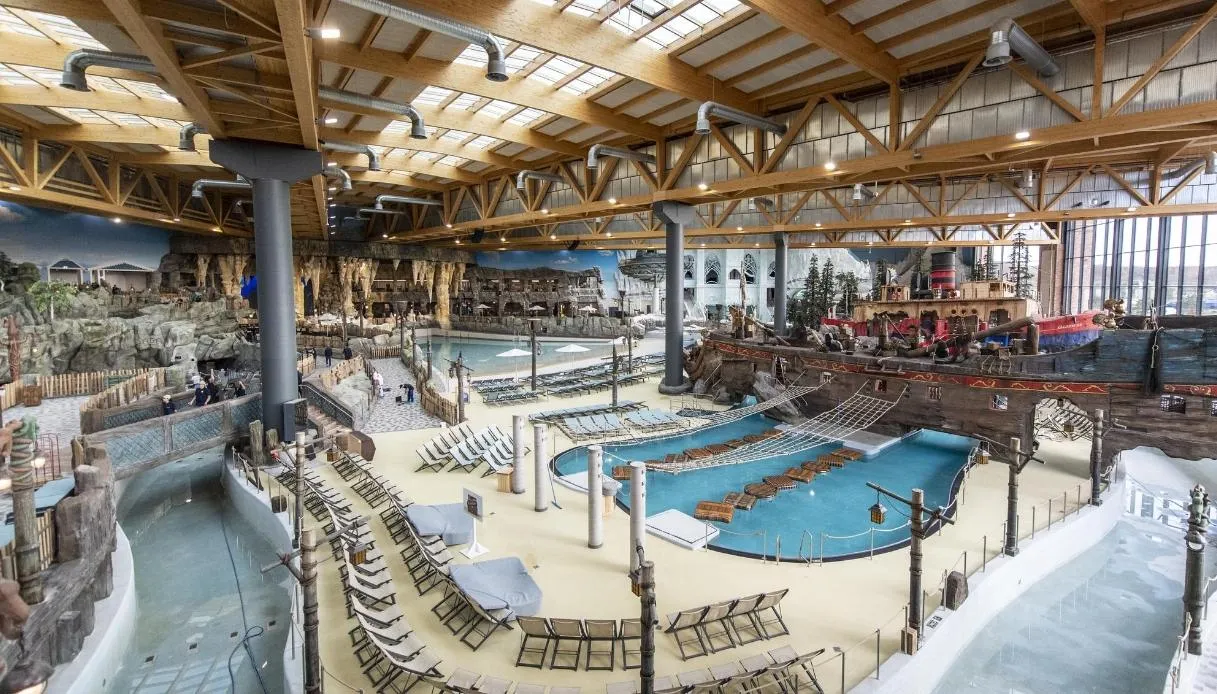 Indoor pools, pirate ship and rockwork inside Rulantica water world in Rust, Germany