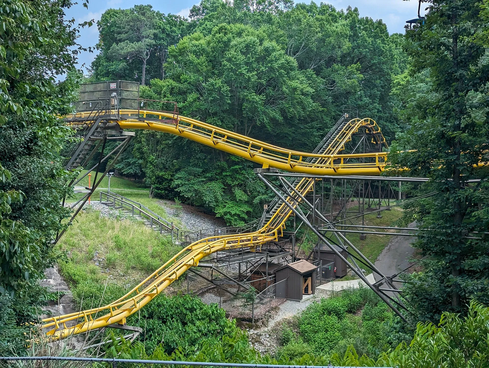 Loch Ness Monster roller coaster's yellow track winding through a wooded ravine at Busch Gardens Williamsburg