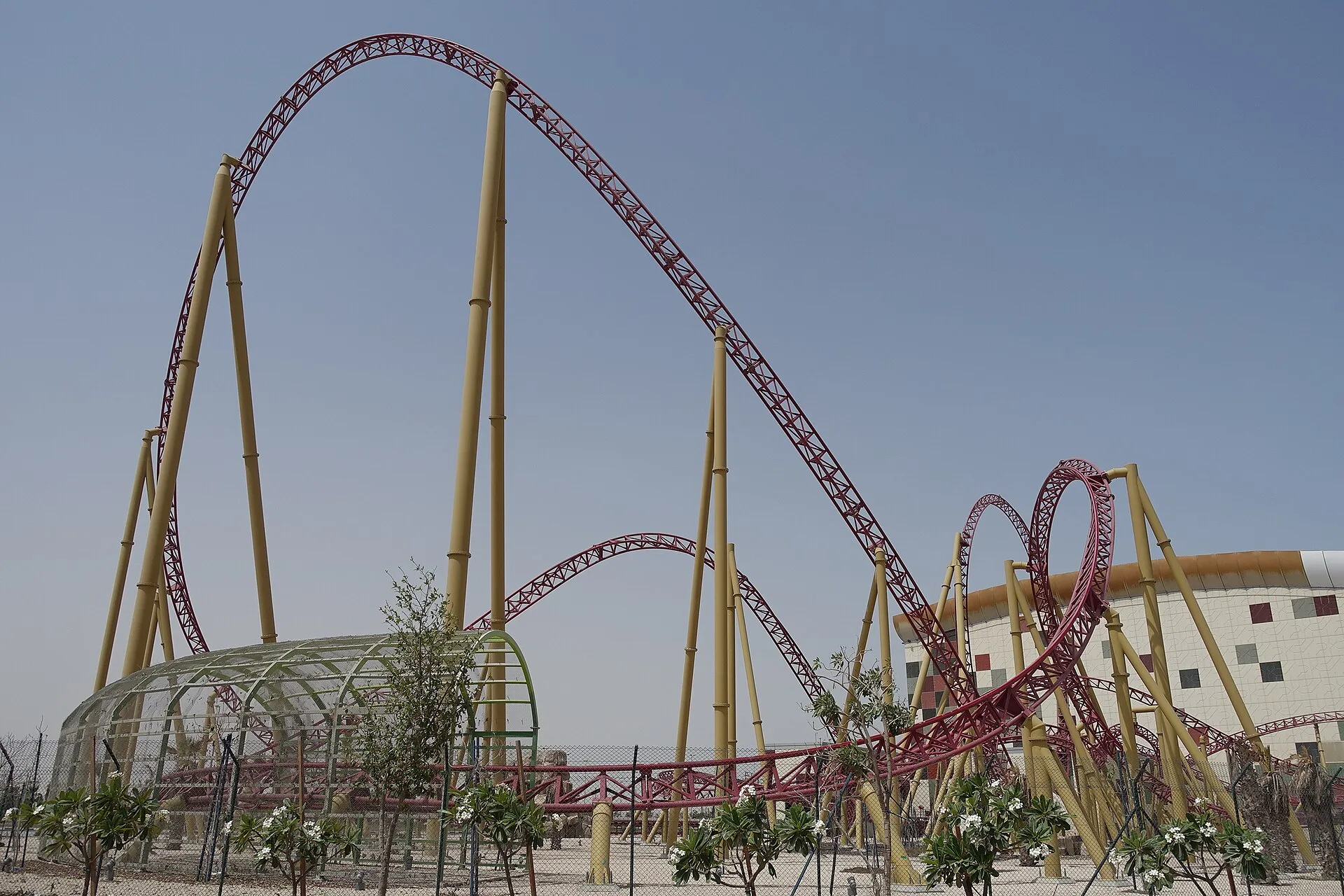 Velociraptor roller coaster track outside the IMG Worlds of Adventure building in Dubai