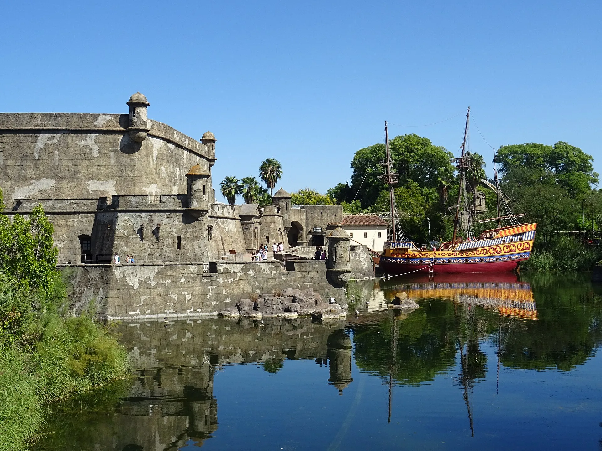 Port area with galleon at Isla Mágica theme park in Seville
