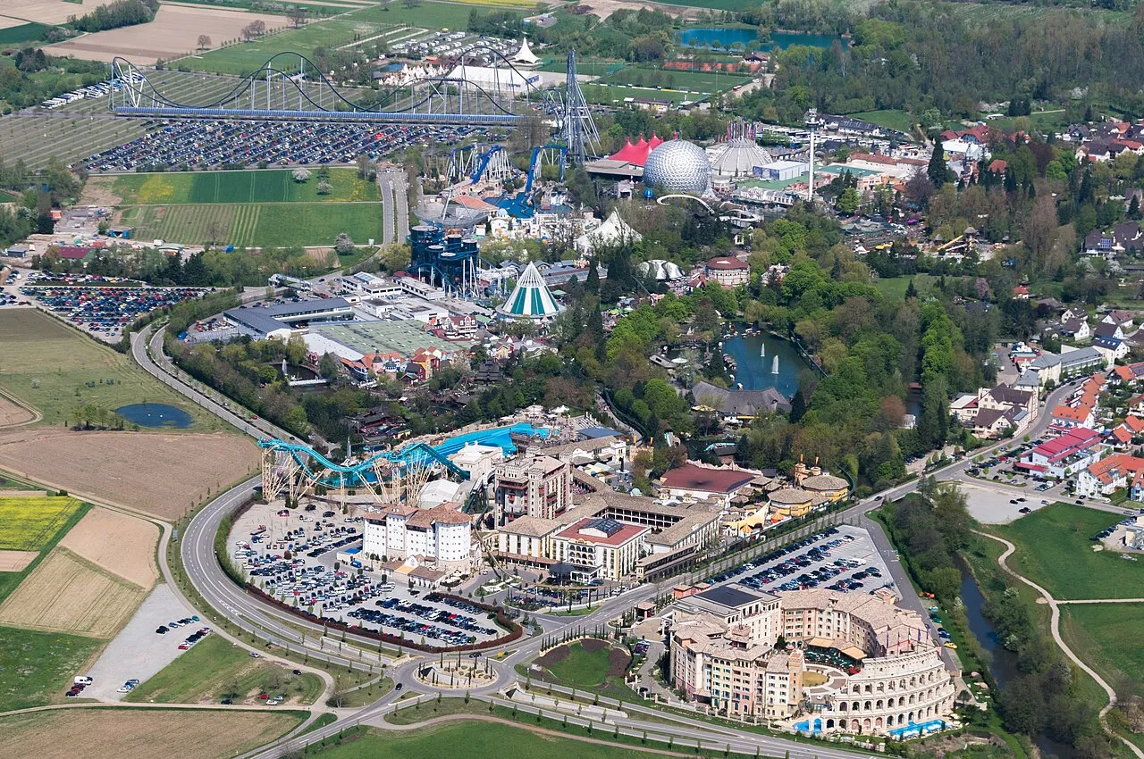 Aerial view of Europa-Park in Rust with Silver Star and the resort hotels