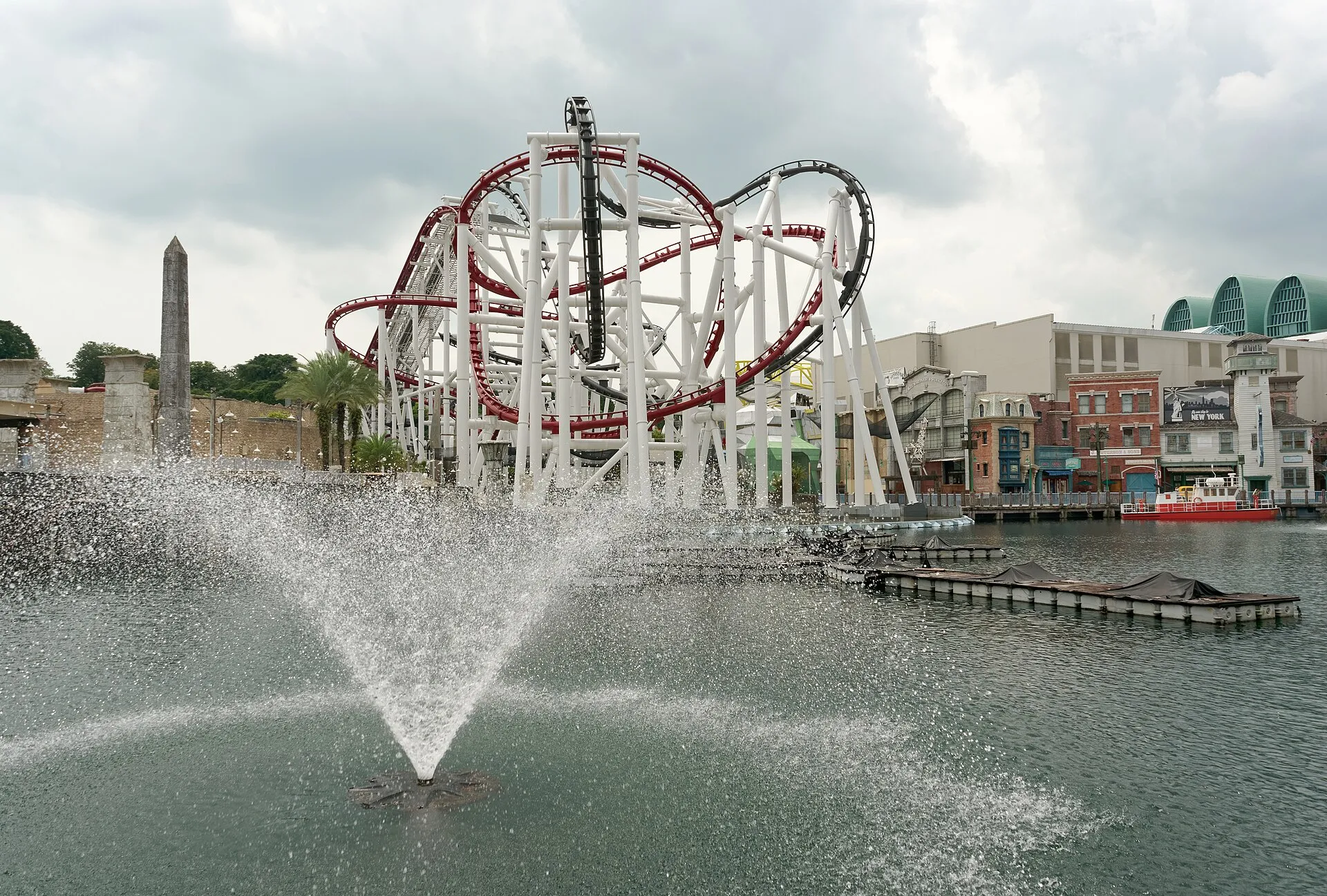 Battlestar Galactica dueling roller coasters over the lagoon at Universal Studios Singapore