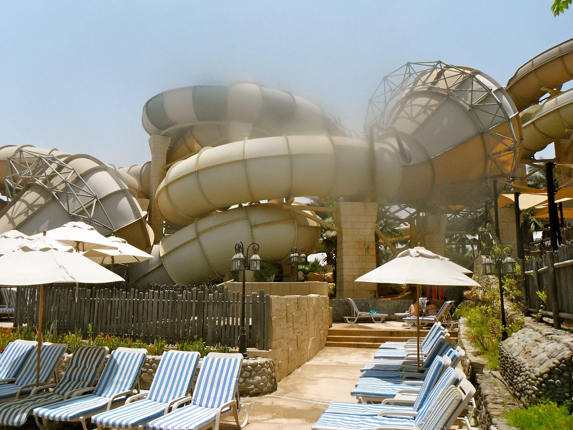 Water slides and sun loungers at Wild Wadi Waterpark in Jumeirah, Dubai