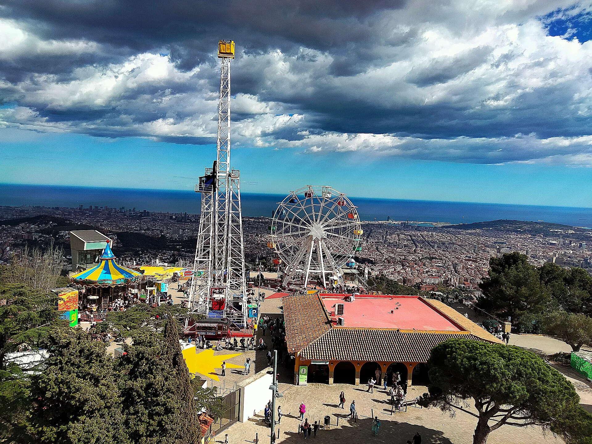 Tibidabo Amusement Park in Barcelona seen from the Sagrat Cor terrace