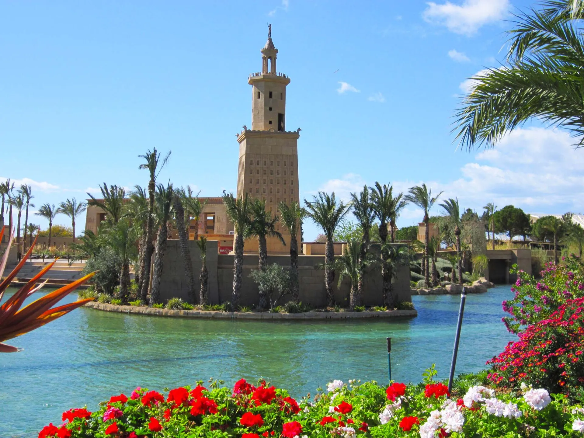 Replica of the Lighthouse of Alexandria across the lake in the Egypt zone at Terra Mítica, Benidorm