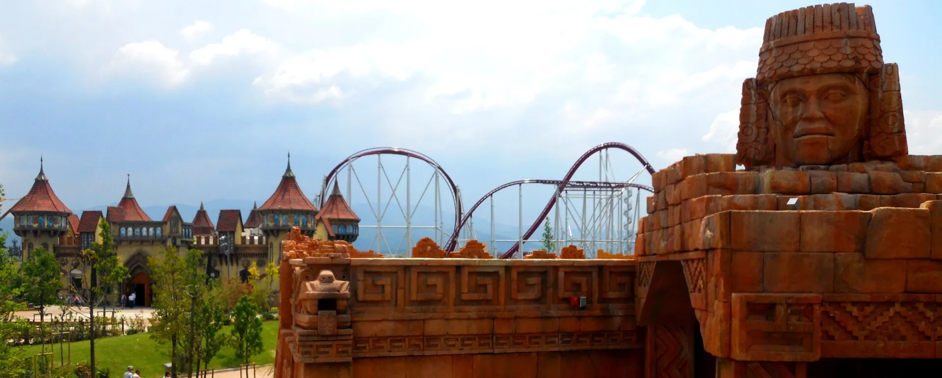 Panorama of MagicLand Valmontone with the castle and Shock roller coaster