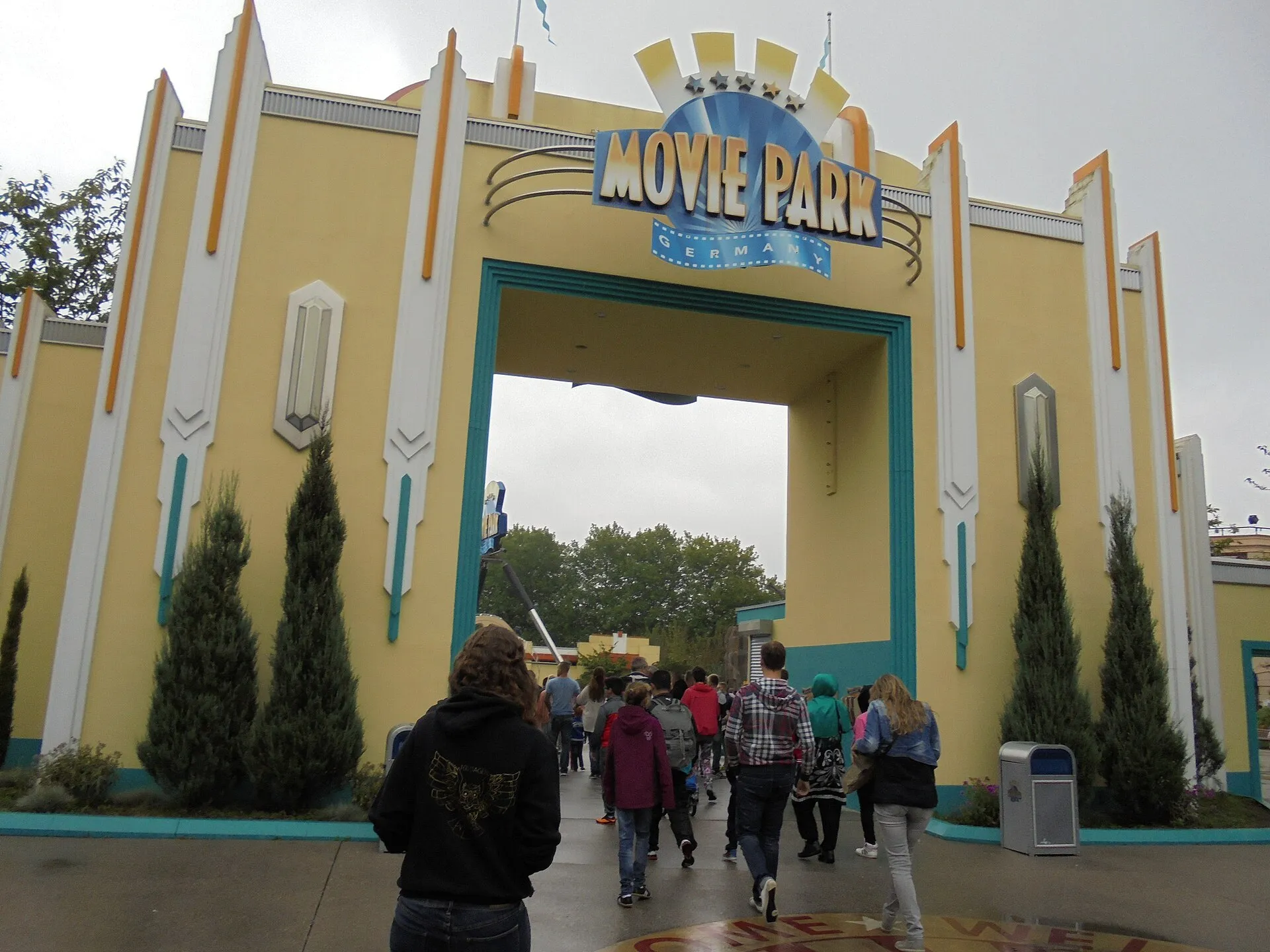 Main entrance gate of Movie Park Germany in Bottrop with the park's star logo