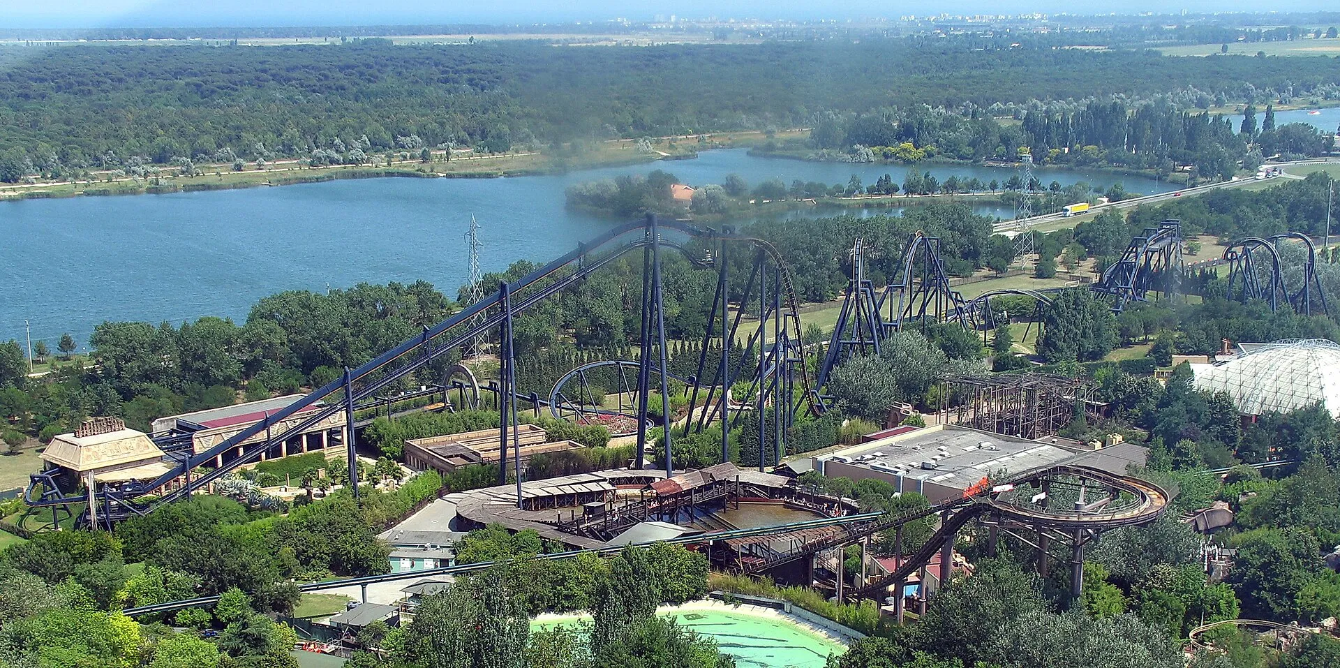 Aerial view of the Katun inverted coaster and lakes at Mirabilandia, Ravenna