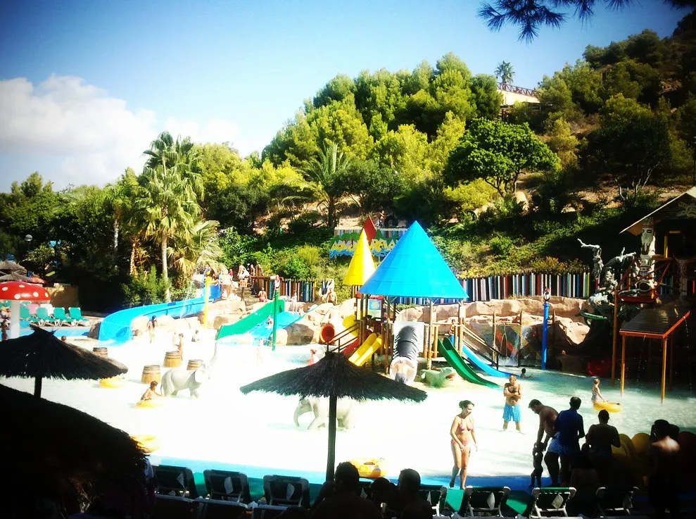 Children's water play area with colourful slides at Aqualandia water park, Benidorm