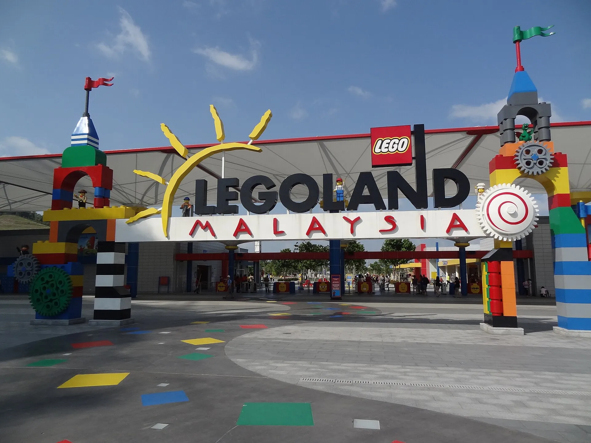 Colorful brick-built entrance arch of LEGOLAND Malaysia Resort in Iskandar Puteri on a sunny day