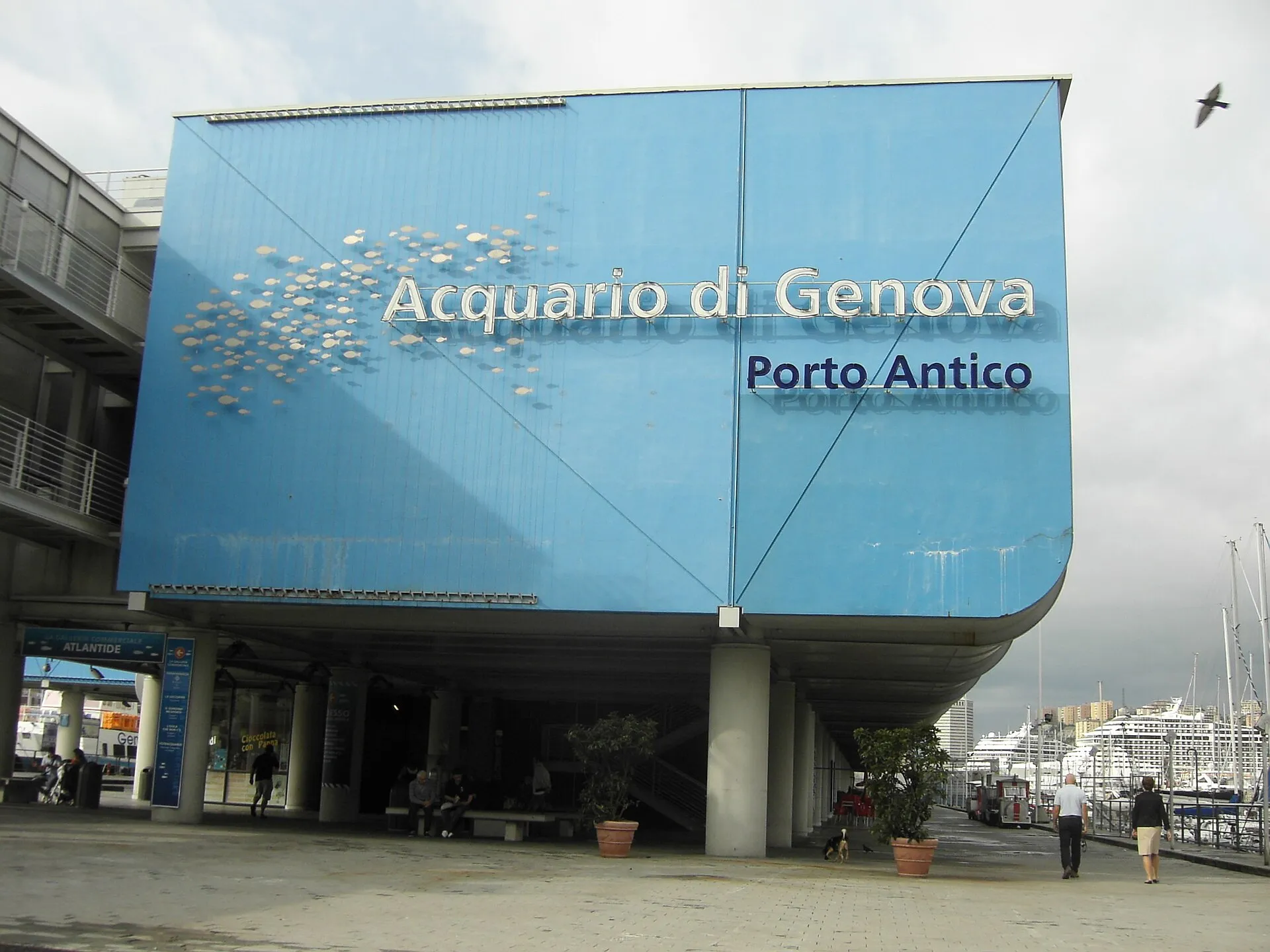 Blue facade of the Acquario di Genova at Porto Antico, Genoa