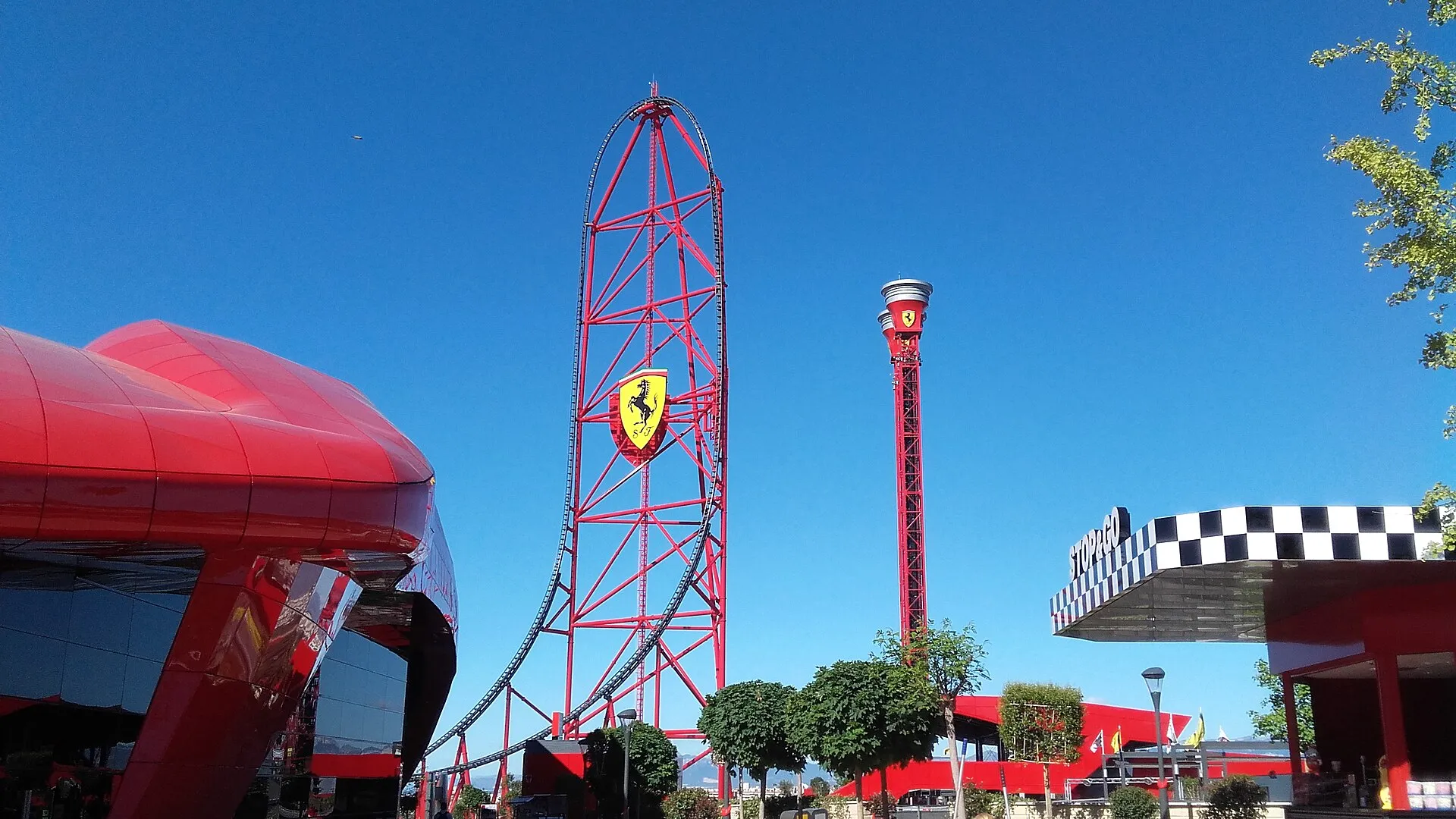 Red Force coaster tower and Thrill Towers at Ferrari Land, PortAventura World, Salou
