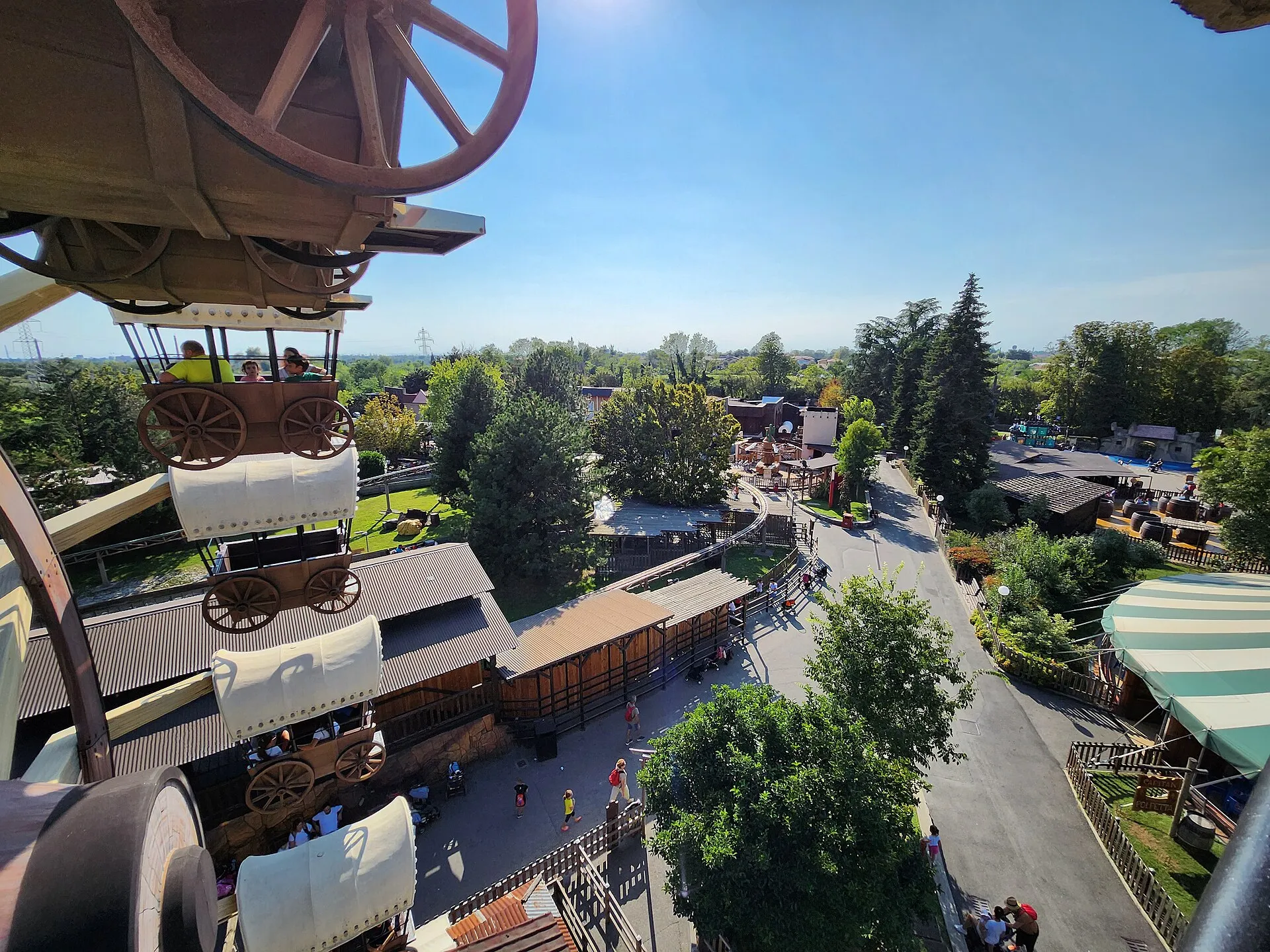 View over Leolandia theme park from the covered-wagon ride, with Cowboy Town below