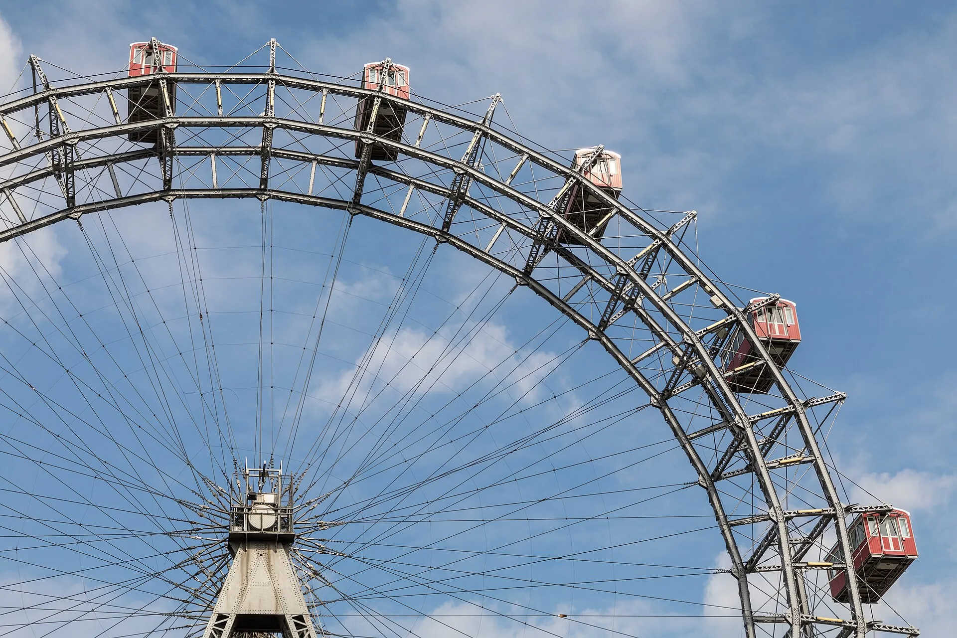 The Wiener Riesenrad giant ferris wheel at Prater, Vienna, with its red cabins against a blue sky