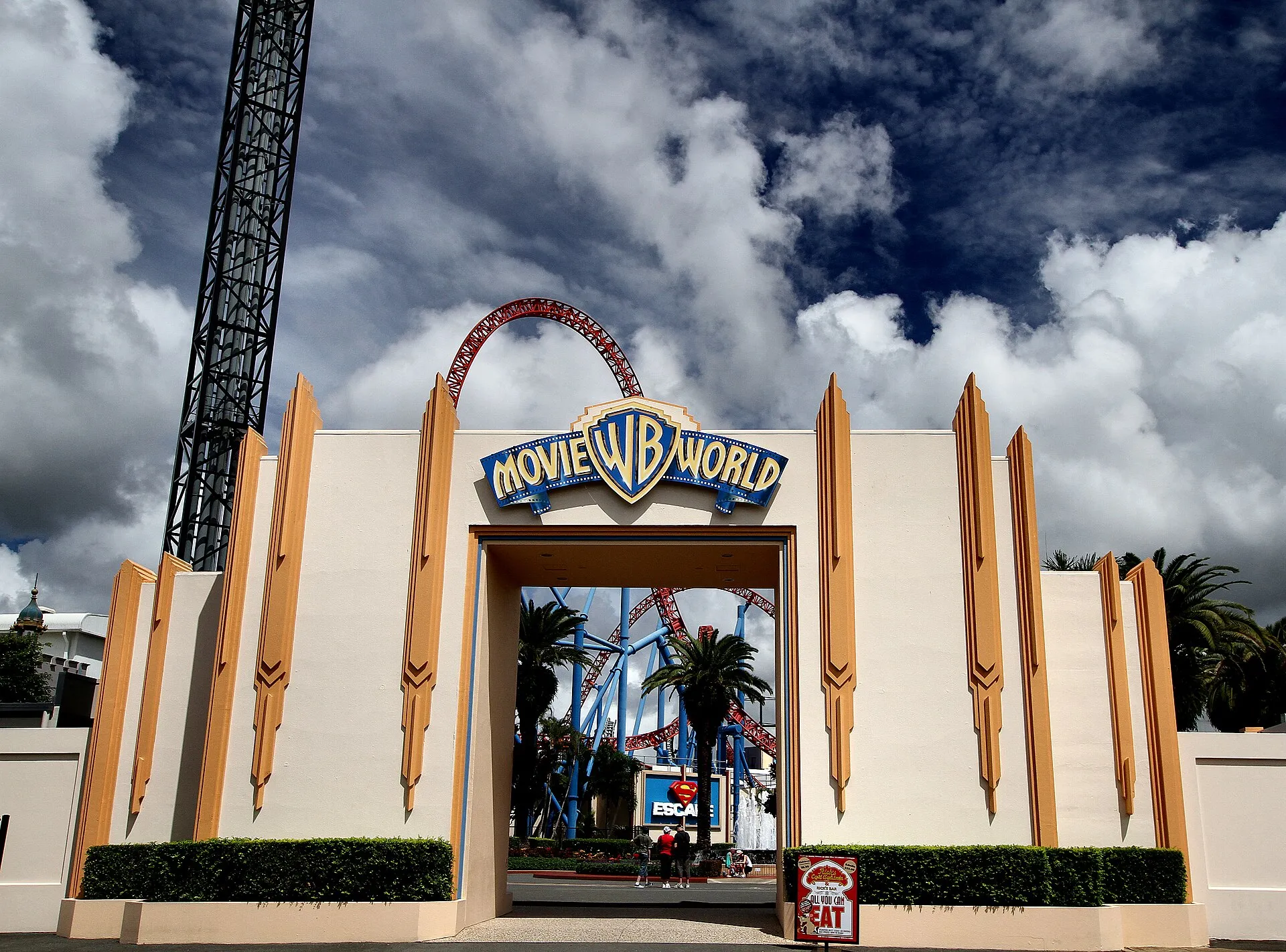 Grand entrance archway at Warner Bros. Movie World, Gold Coast