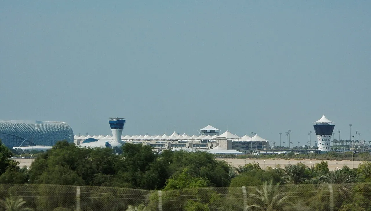 Yas Island skyline with the Yas Hotel and Yas Marina Circuit towers, Abu Dhabi